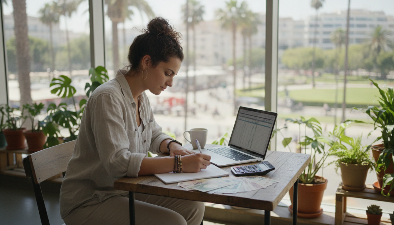 Frau vergleicht monatliche Work-and-Travel-Kosten verschiedener Länder am Laptop