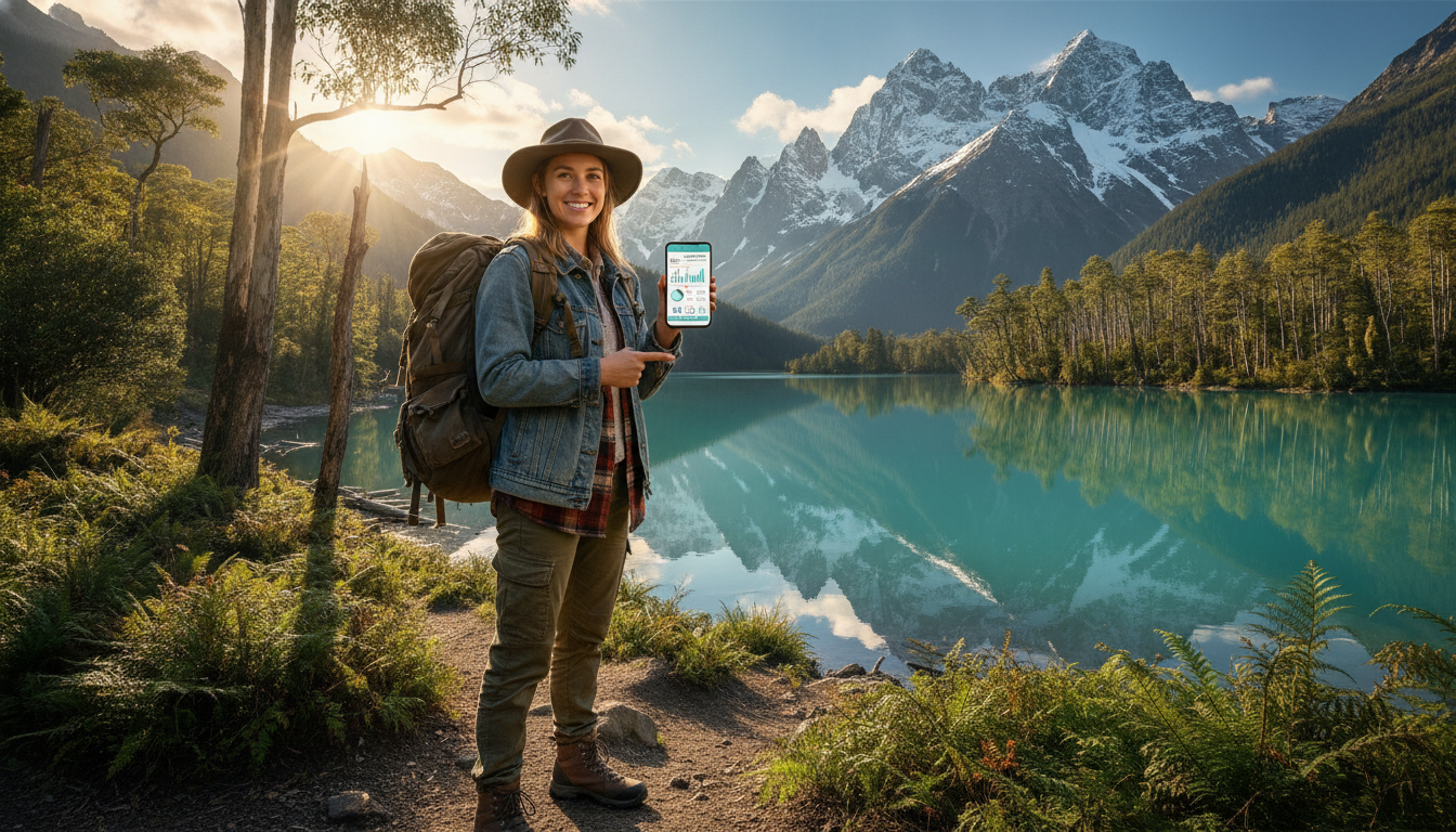 Backpackerin vergleicht Reiseländer für ihr Work-and-Travel-Budget in der Natur