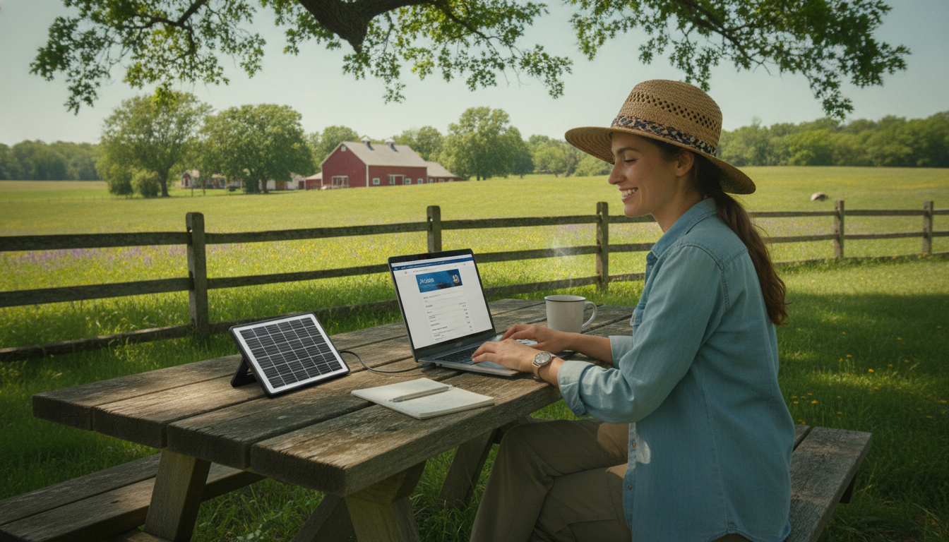 Frau sucht auf einer Farm im Freien am Laptop nach Work and Travel Jobs