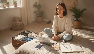 Junge Frau plant Budget und packt Koffer vor der Work-and-Travel-Abreise