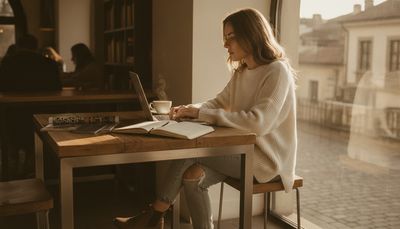 Junge Frau tippt am Laptop im Café eine Nachricht an einen Gastgeber